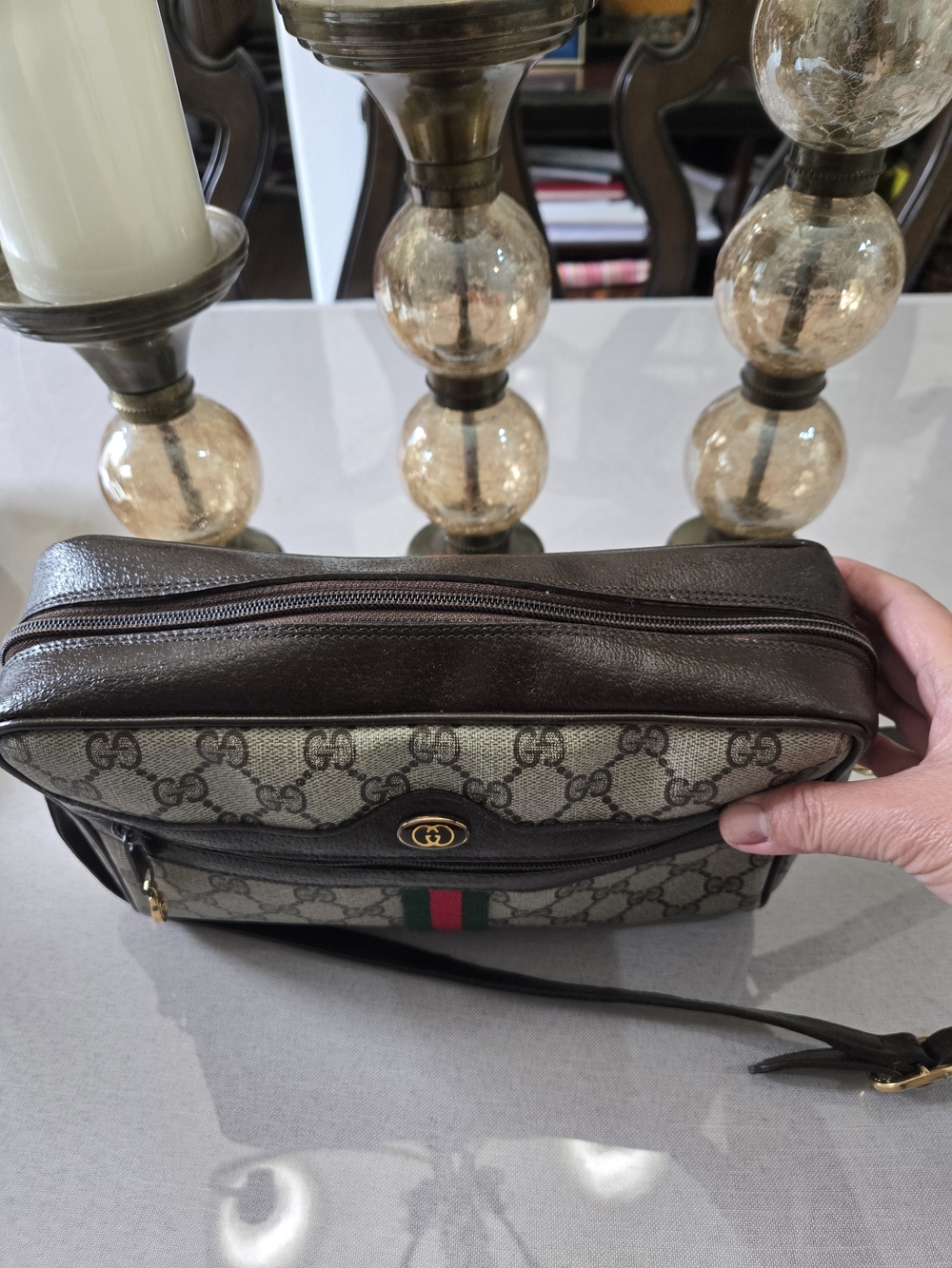 Gucci Monogram Crossbody Bag in Brown/Tan with Green & Red Stripe - Picture 3 of 10